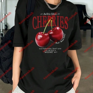 Red Cherries Baskılı Oversize Unisex Tshirt Beyaz