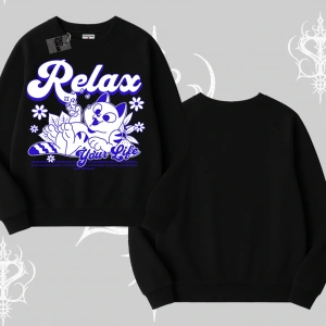 Relax Kedi Baskılı Biskilet Sweatshirt