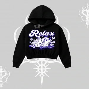 Relax Kedi Baskılı Kapşonlu Crop Sweatshirt