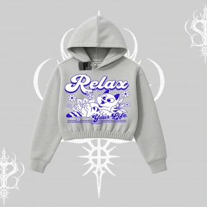 Relax Kedi Baskılı Kapşonlu Crop Sweatshirt