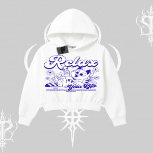 Relax Kedi Baskılı Kapşonlu Crop Sweatshirt