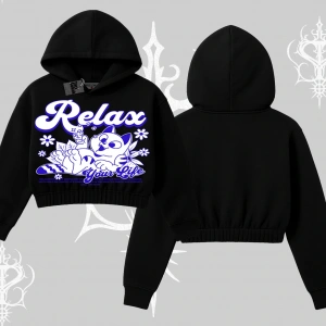 Relax Kedi Baskılı Kapşonlu Crop Sweatshirt