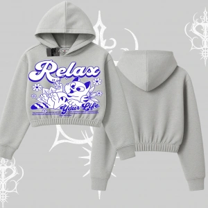 Relax Kedi Baskılı Kapşonlu Crop Sweatshirt