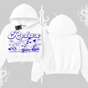 Relax Kedi Baskılı Kapşonlu Crop Sweatshirt