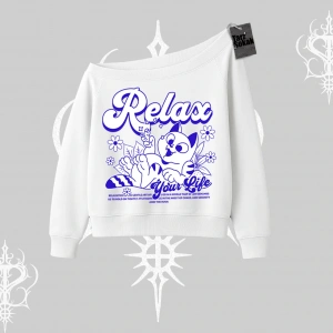 Relax Kedi Baskılı Kayık Yaka Sweatshirt