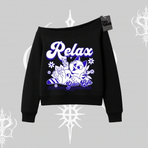 Relax Kedi Baskılı Kayık Yaka Sweatshirt
