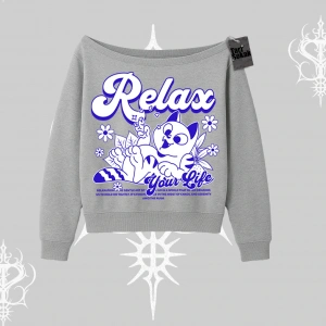 Relax Kedi Baskılı Kayık Yaka Sweatshirt