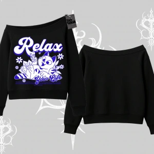 Relax Kedi Baskılı Kayık Yaka Sweatshirt
