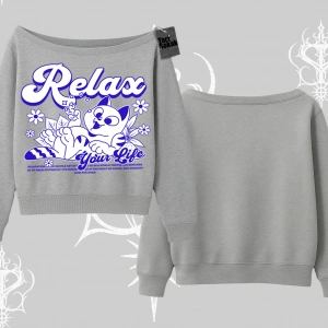 Relax Kedi Baskılı Kayık Yaka Sweatshirt