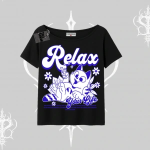 Relax Kedi Baskılı Kayık Yaka Tshirt