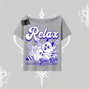 Relax Kedi Baskılı Kayık Yaka Tshirt