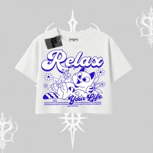 Relax Kedi Baskılı Oversize Crop Tshirt