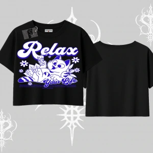 Relax Kedi Baskılı Oversize Crop Tshirt