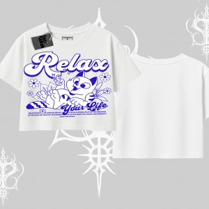 Relax Kedi Baskılı Oversize Crop Tshirt