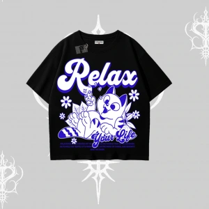 Relax Kedi Baskılı Oversize Tshirt