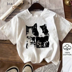 Retro Kedi Baskısı, Yazlık Kadın %100 Pamuklu Kısa Kollu, Beyaz Kısa Kollu, Grafik Tişörtler,