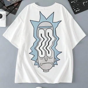 Rick and Morty X SHEIN Erkek Günlük Karikatür Karakter Baskılı Örme Kısa Kollu Beyaz Tişört,