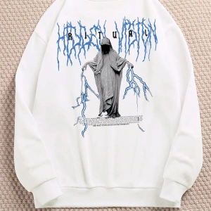 Ritual Mavi Renkli Oversize Bisiklet Yaka Pamuklu Sweatshirt Beyaz