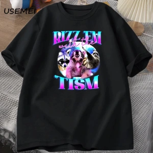 Rizz Em ile Tism komik T Shirt erkekler Vintage rakun Bootleg T-Shirt Tees kısa kollu p 2919