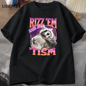 Rizz Em Tism ile Retro tişört adam komik rakun grafik T-Shirt Unisex Opossum T Shirt kadın er 2992
