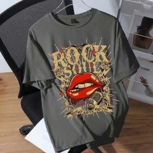 Rock Soul Vintage Stil Büyük Beden Bol Tişört, Lightning & Lip Grafik, Yuvarlak Yaka