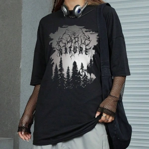 ROMWE Ağaç Desenli Düşük Omuz Tişört