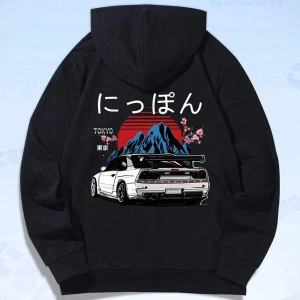 ROMWE Guys Car & Japanese Letter Graphic Drawstring Hoodie Siyah