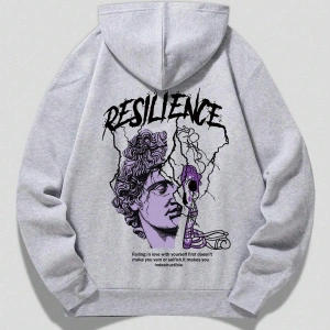 ROMWE Guys Figure & Slogan Graphic Drawstring Lined Hoodie Gri