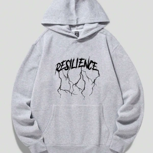 ROMWE Guys Figure & Slogan Graphic Drawstring Lined Hoodie Gri