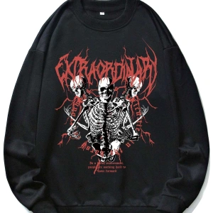 ROMWE Guys Letter Skull Graphic Sweatshirt Siyah