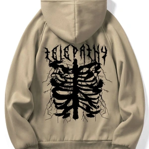 ROMWE Guys Skeleton Print Kangaroo Pocket Drawstring Hoodie Haki