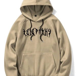 ROMWE Guys Skeleton Print Kangaroo Pocket Drawstring Hoodie Haki