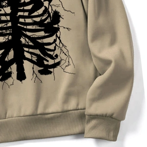 ROMWE Guys Skeleton Print Kangaroo Pocket Drawstring Hoodie Haki