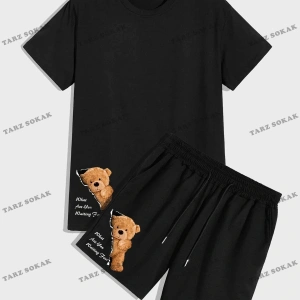 ROMWE Hazırlık Erkek Sloganı Karikatür Ayı Grafikli Tişört ve İpli Şort