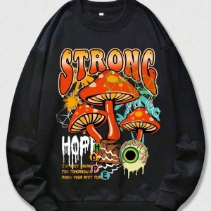 ROMWE Street Life Guys Mushroom And Slogan Graphic Sweatshirt Siyah