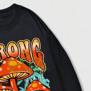 ROMWE Street Life Guys Mushroom And Slogan Graphic Sweatshirt Siyah