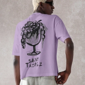 Saint Tropez Grafik Tişört Büyük Boy Rahat Fransız Rivierası Şarap Bardağı Baskılı Yaz
