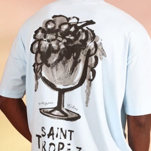 Saint Tropez Grafik Tişört Büyük Boy Rahat Fransız Rivierası Şarap Bardağı Baskılı Yaz