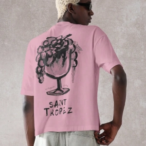 Saint Tropez Grafik Tişört Büyük Boy Rahat Fransız Rivierası Şarap Bardağı Baskılı Yaz