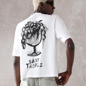 Saint Tropez Grafik Tişört Büyük Boy Rahat Fransız Rivierası Şarap Bardağı Baskılı Yaz
