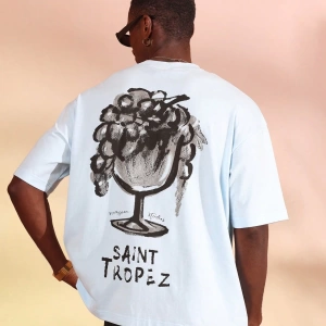 Saint Tropez Grafik Tişört Büyük Boy Rahat Fransız Rivierası Şarap Bardağı Baskılı Yaz