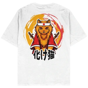 Samurai Cat Beyaz Oversize Unisex T-shirt