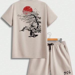 Samurai Sakura Japon Tarzı Grafik Baskılı Rahat Tişört Seti Erkekler İ