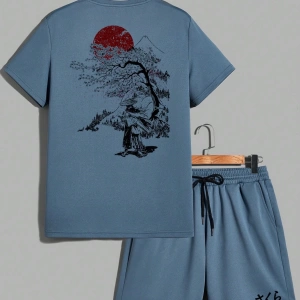 Samurai Sakura Japon Tarzı Grafik Baskılı Rahat Tişört Seti Erkekler İ