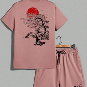 Samurai Sakura Japon Tarzı Grafik Baskılı Rahat Tişört Seti Erkekler İ