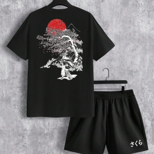 Samurai Sakura Japon Tarzı Grafik Baskılı Rahat Tişört Seti Erkekler İ