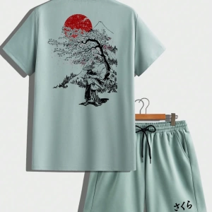 Samurai Sakura Japon Tarzı Grafik Baskılı Rahat Tişört Seti Erkekler İ