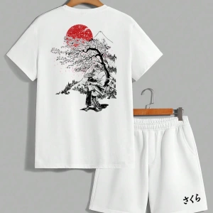 Samurai Sakura Japon Tarzı Grafik Baskılı Rahat Tişört Seti Erkekler İ