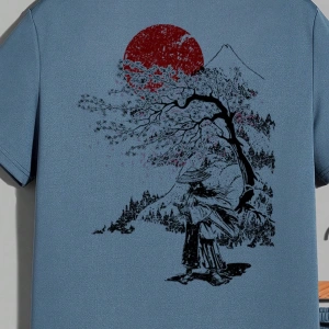 Samurai Sakura Japon Tarzı Grafik Baskılı Rahat Tişört Seti Erkekler İ