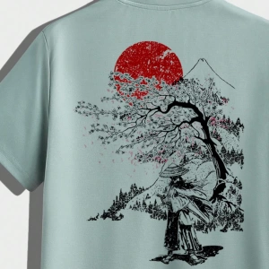 Samurai Sakura Japon Tarzı Grafik Baskılı Rahat Tişört Seti Erkekler İ